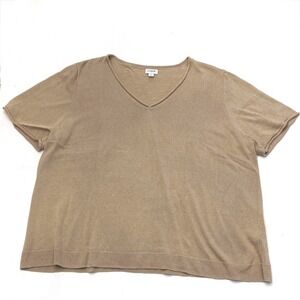 J Crew Women Linen Blend Knit Short Sleeve Beige V Neck Top 2XL XXL Basic Casual